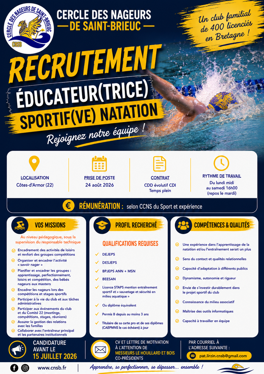 🏊‍♂️ Le Cercle des Nageurs de Saint-Brieuc recrute ! 🏊‍♀️
